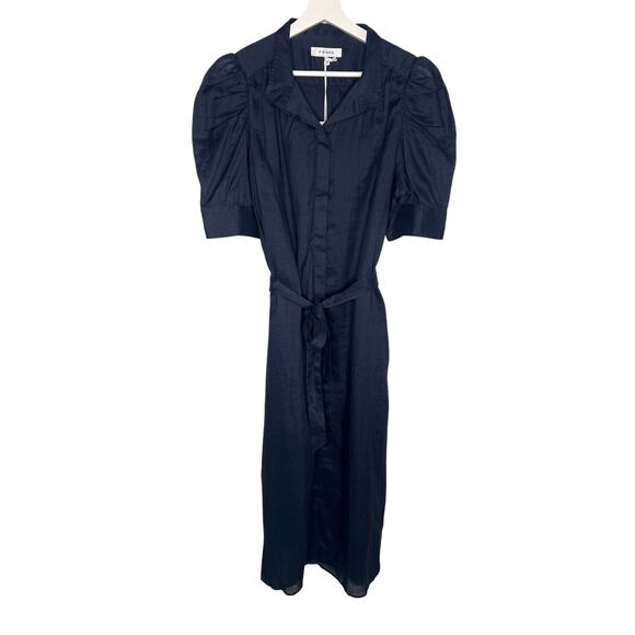 Frame Gillian Puff Sleeve Tie Waist Shirt Midi Dress Navy Women's Size XL NWT - Picture 3 of 13